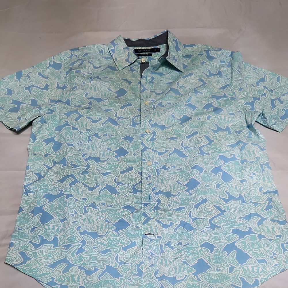 Nautica Blue Fish Print Men's Casual Shirt